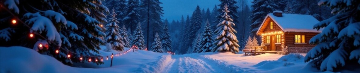 Fototapeta premium Snowy forest at night with twinkling lights and festive decorations, Christmas, decorations, winter