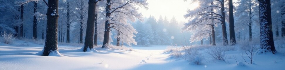 Obraz premium Snowy forest landscape with bare trees and frosty atmosphere, forest, snowflakes