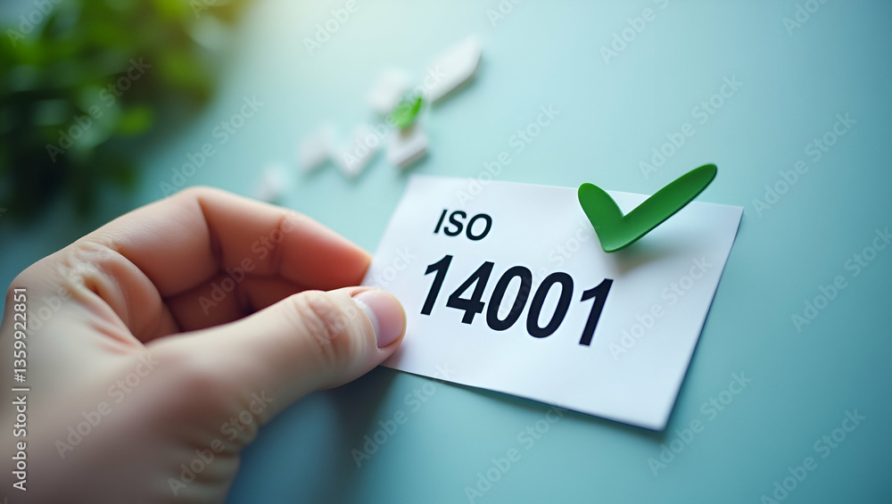 Poster hand places checkmark on iso 14001 label representing quality control and certification for environm