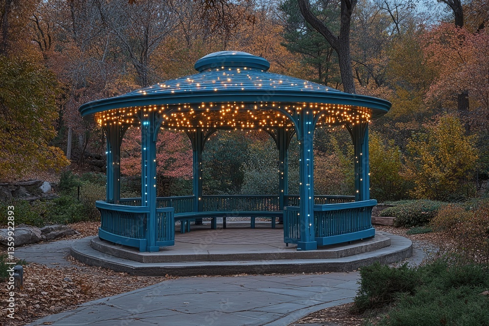 Poster a decorative gazebo is adorned with string lights in autumn