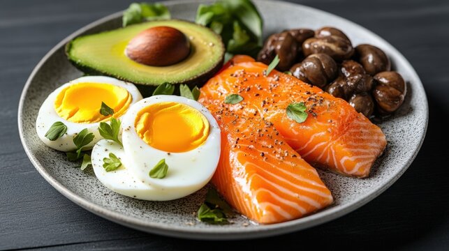A vibrant close-up of a nutritious meal with boiled egg, salmon, avocado, and dark beans beautifully arranged on a stylish gray plate for healthy eating