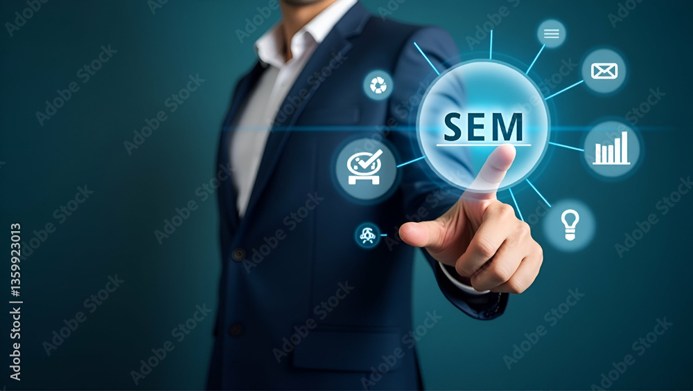 Poster flat businessman illustrates sem icons on digital interface: a cute vector guide to search engine ma