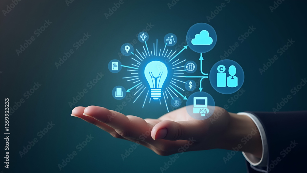 Poster hand holding holographic quality control certification device: assurance & guarantee icons for autom