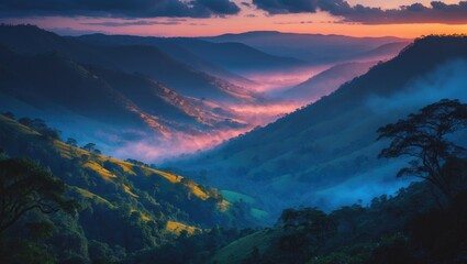 Obraz premium View of the valley overlooking the green hills of the National Park at dusk.