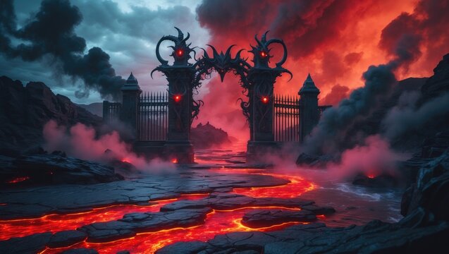 A digital depiction of a lava river alongside a demonic gate is presented.