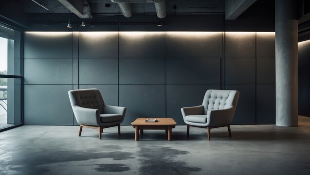 Two cozy seats are positioned in a spacious, modern area. A small coffee table is needed in this environment. Contemporary interior designers frequently utilize concrete flooring.