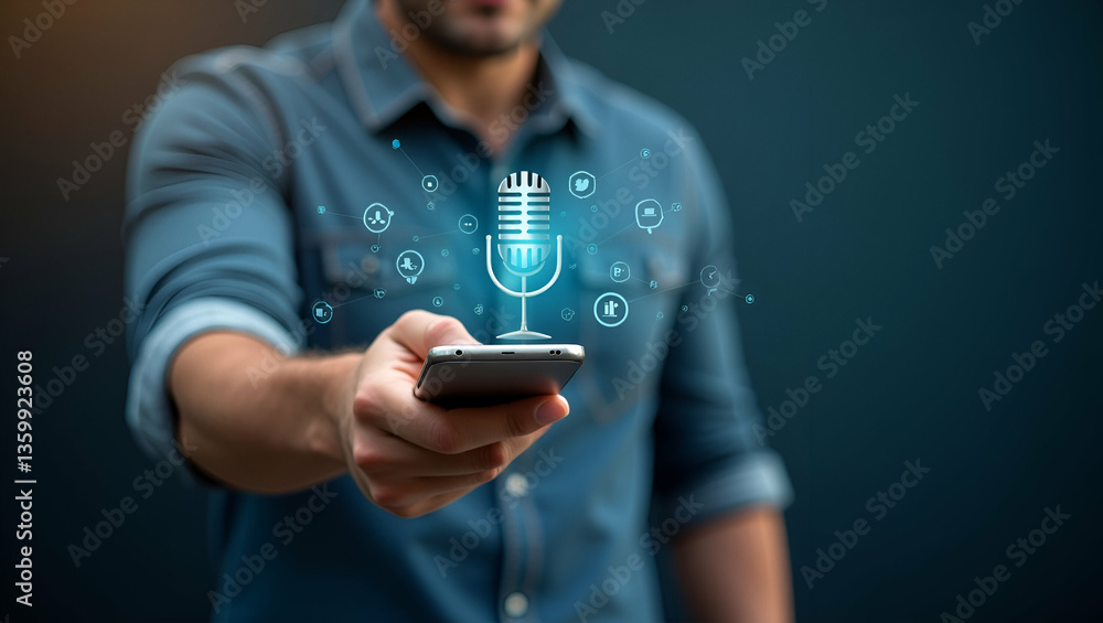 Poster voice recording man touching microphone icon smartphone mobile application record sound audio music 