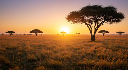 Obraz premium African Savanna Sunrise Golden Grasslands and Silhouetted Acacia Trees