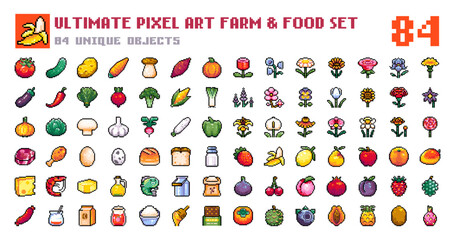 Pixel Art Farm and Food Icons. 8 bit style stickers of Pixelated Fresh Produce – Vegetables, Fruits, Flowers, Meat, Dairy, Fish. Pixel Food For Game assets and Gaming Badges.