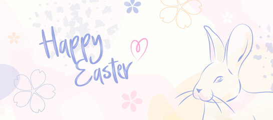 Happy Easter Bunny Pastel Banner. Soft Spring Design Background with Whimsical Flowers Pattern.
