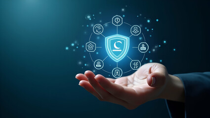 Hand holding holographic quality control certification device showing assurance guarantee icons for automation process in empty space concept as Hand holds holographic quality control certification de