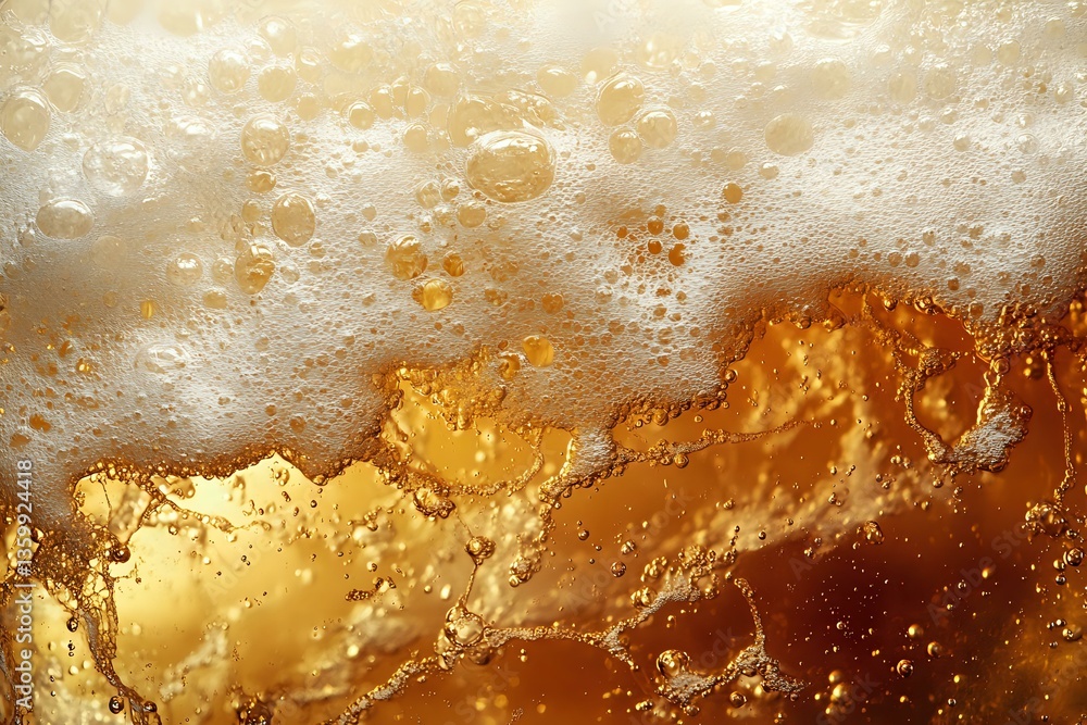 Poster macro shot of beer foam and bubbles with amber liquid beneath creating abstract golden patterns and 
