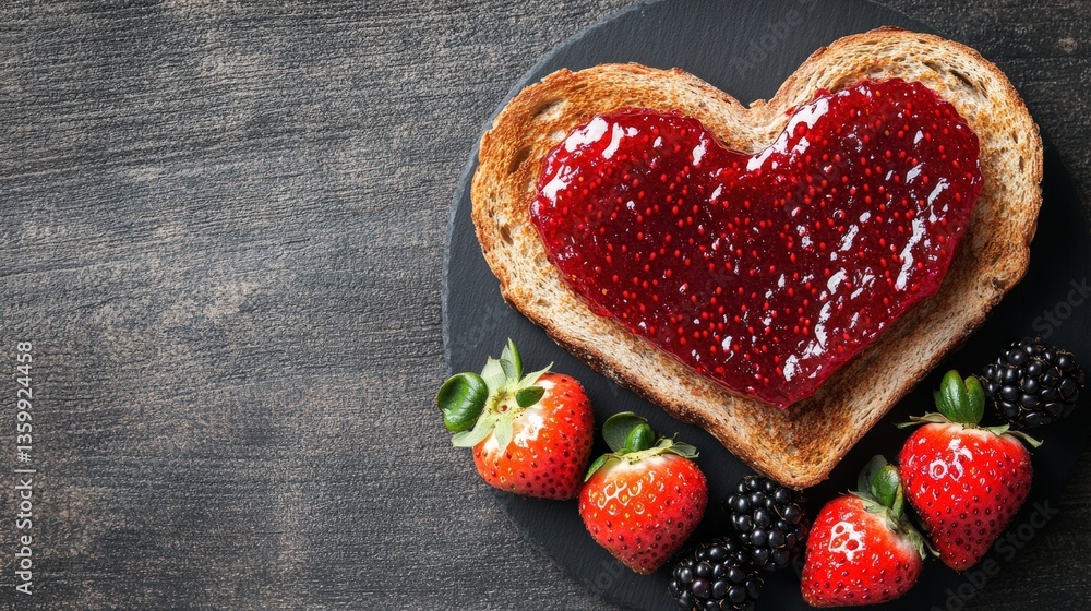 Poster overhead close-up view of heart-shaped toast with raspberry jam, fresh strawberries and blackberries