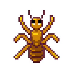 Pixel art ant 8 bit insect icon for retro game design. Game asset ant for video game on white background. Pixel game asset. 
