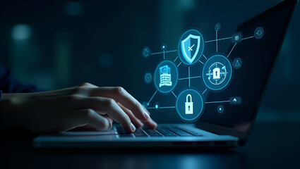Advanced Cybersecurity: Holographic Zero Trust Icons on Laptop