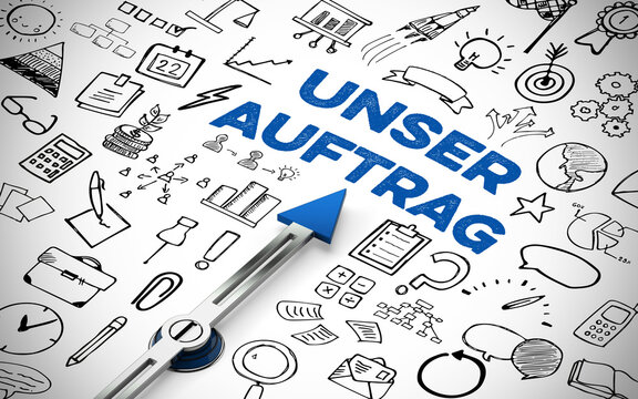 Kompass zeigt auf Schriftzug Unser Auftrag zwischen Icons als Business Konzept