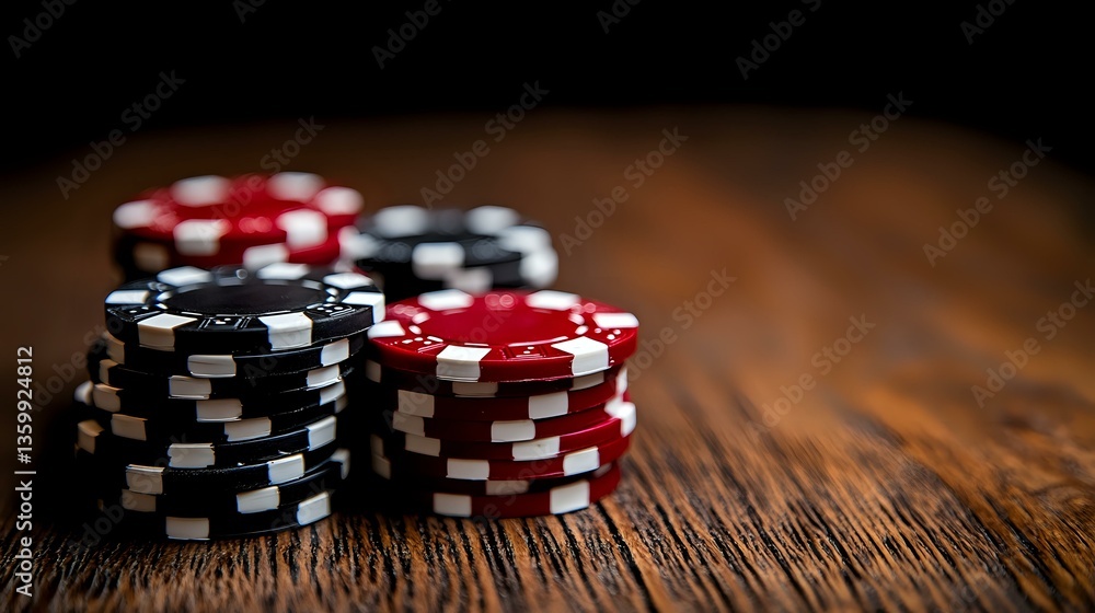 Poster stacks of red and black poker chips on rustic wooden table with dramatic lighting and shallow depth 