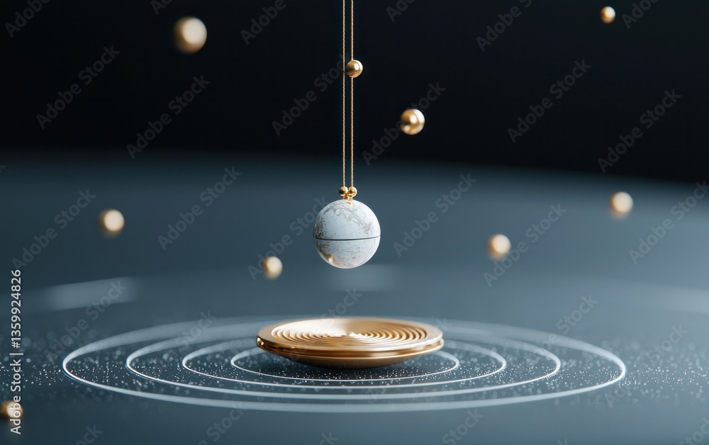 Aufkleber abstract 3d render of a marble sphere suspended above a golden platform, surrounded by smaller golde