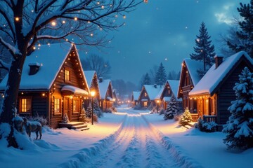 Fototapeta premium Snowy village scene with festive lights and Christmas decorations, snowy village, holiday season