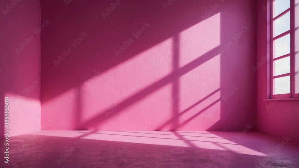 Poster wall interior backdrop, studio and displays showcase products with window shadows on a pink backgrou