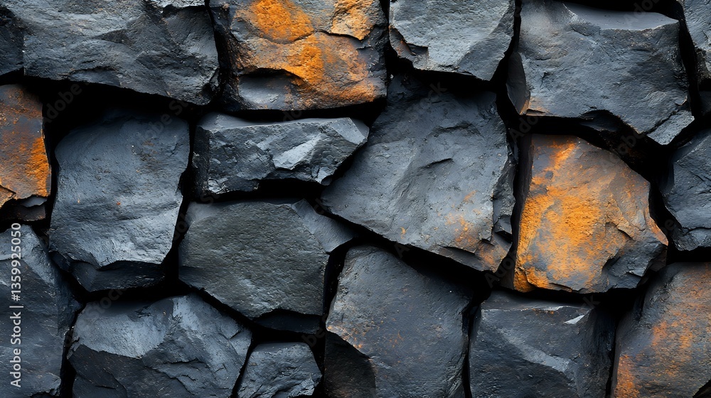 Poster dramatic stone wall texture with rough gray rocks and orange lichen patches creating natural contras