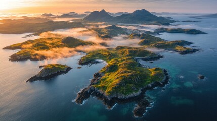 Lush islands bathed in golden sunrise.  Misty archipelago