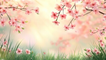 Beautiful Pink Cherry Blossoms with Soft Green Grass and Gentle Pastel Background for Spring and Nature Themes