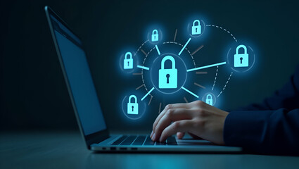 Flat Hand Using Laptop with Holographic Zero Trust Security Icons for Advanced Cybersecurity Measures