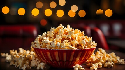 Fresh buttery popcorn in red striped bowl against dark background with golden bokeh lights, perfect for movie night or entertainment concepts.