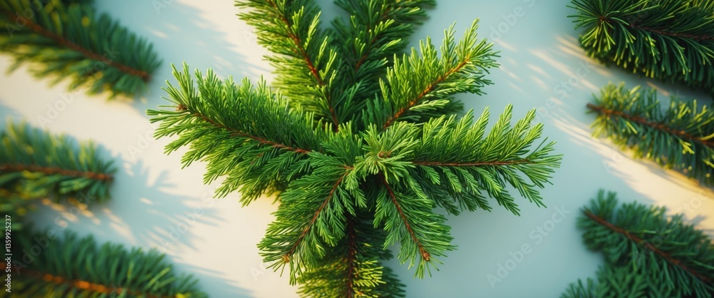 Poster view from above of green fir tree branch with needles set against a white background.