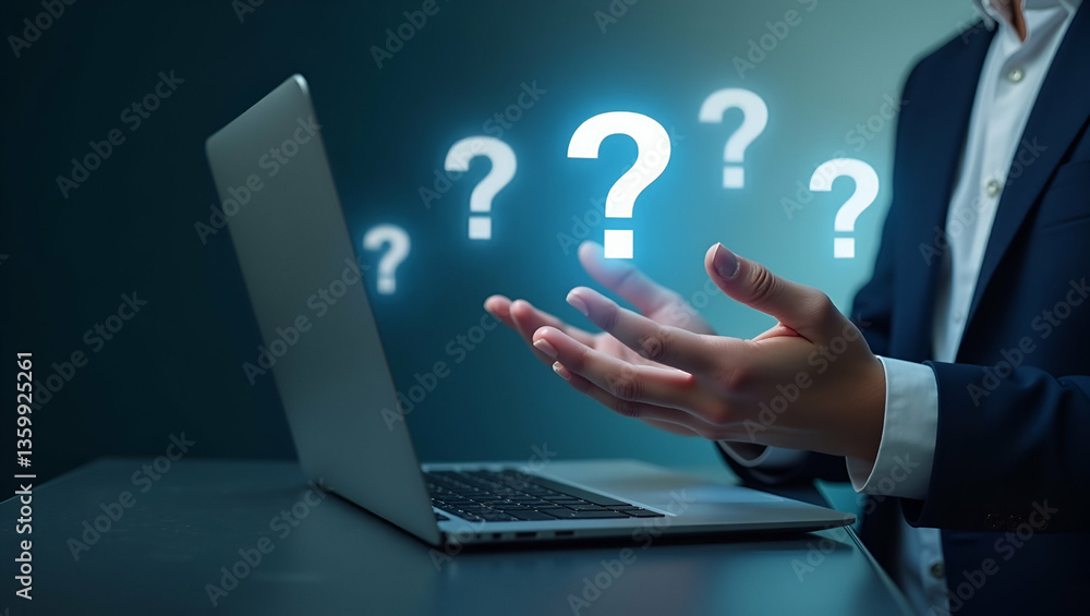 Poster hand using laptop with holographic question marks for digital brainstorming