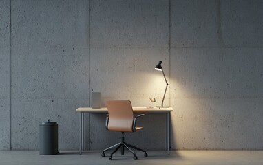 Modern minimalist home office interior with a tan leather office chair, a wooden desk, and a metal desk lamp against a textured concrete wall
