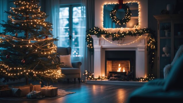 A Christmas tree decorated with lights draped from a garland, along with a living room fireplace. Enchantment and cozy decorations.