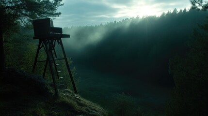 Naklejka premium Elevated hunting stand in misty forest at dawn