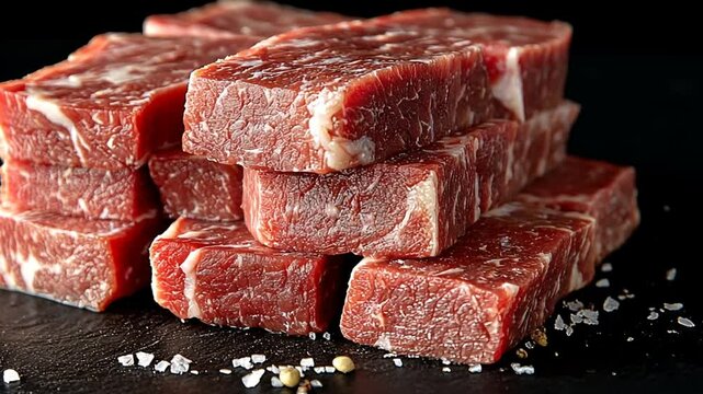 Stacked raw beef steak, dark background, food preparation