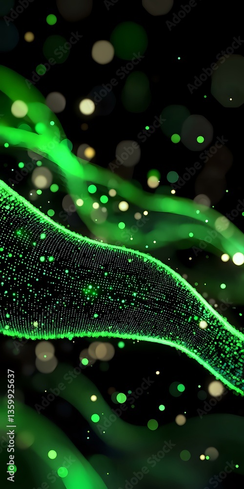 Poster abstract green glowing wave with sparkles and bokeh effects on black background, featuring luminous 