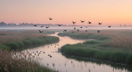 Naklejka premium Serene Sunrise over Misty Wetlands Birds in Flight