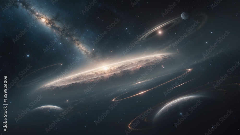 Poster planets and space serve as a backdrop, with comets, stars, and craters scattered across the surfaces