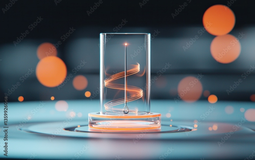 Poster abstract image of a glowing orange spiral contained within a transparent glass cylinder on a reflect