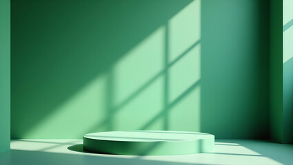 Green Podium Backdrop for Product Display in Interior Room: Sunlight and Shadows on Green Concrete Wall - Perfect Photo Stock Concept with Empty Space for Creative Use