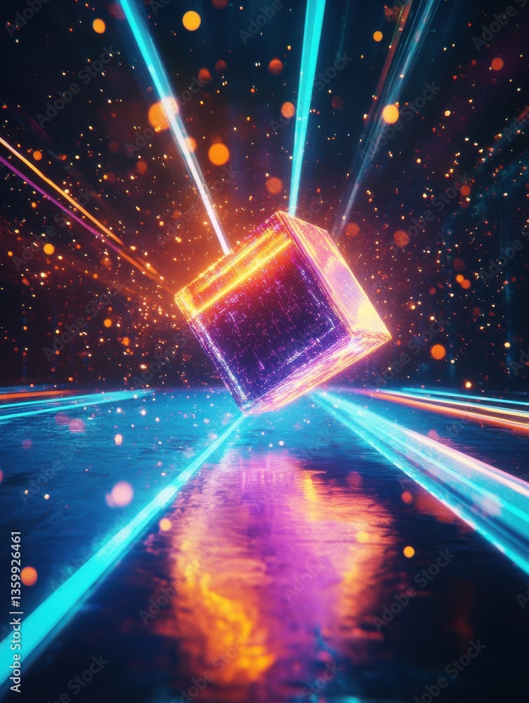 Poster abstract futuristic neon light trail with floating cube and triangle on dark background, technology 