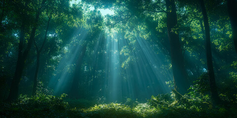 Obraz premium Sunbeam's Dance: Ethereal Light Through Dense Forest Canopy