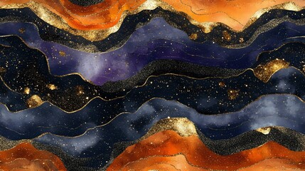 Fototapeta premium Cosmic abstract art with navy blue waves and orange accents featuring gold glitter details, stars and celestial elements in luxury modern style for wall decor.