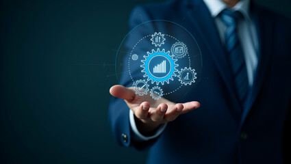 Flat Hand Engaging with Holographic Digital Automation Interface: A Cute Vector Illustration of Gears, Data Analysis, and Business Process Optimization in a Smart Business Concept