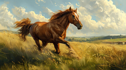Majestic chestnut horse gallop through lush green meadow muscle rippling under golden sunlight flowing mane catch wind kick up small cloud of dust background feature rolling hill distant barn adding