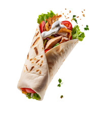 Delicious chicken shawarma wrap falling on transparent background