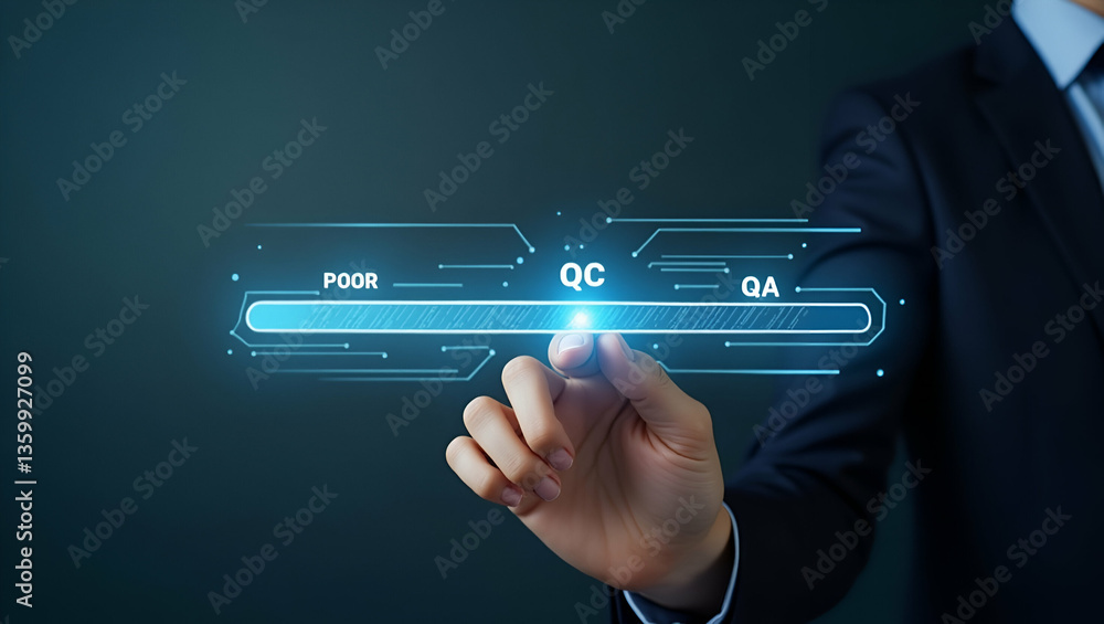 Poster enhance your business quality: flat hand adjusts holographic slider from poor to excellent with qc &