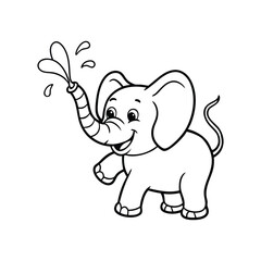 Fototapeta premium A line art vector drawing of a baby elephant spraying water from its trunk.eps