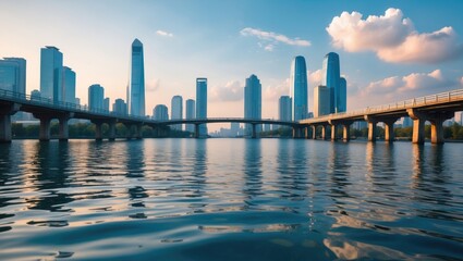Obraz premium A bridge over a lake, featuring a contemporary skyline in the background.