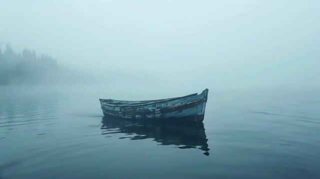Abandoned Paddleboat Floats Aimlessly in a Vast Foggy Ocean With Peeling Paint and Algae Covered Edges as Silence and Mist Create an Eerie Sense of Isolation and Mystery